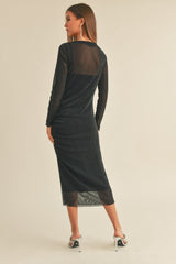 Black Shimmer Mesh Long Sleeve Ruched Midi Dress