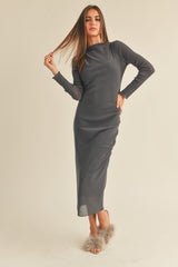 Charcoal Shimmer Mesh Long Sleeve Ruched  Midi Dress
