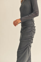 Charcoal Shimmer Mesh Long Sleeve Ruched  Midi Dress