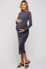 Charcoal Shimmer Mesh Long Sleeve Ruched Maternity Midi Dress