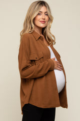 Camel Textured Button Front Collared Maternity Top