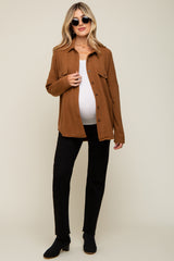 Camel Textured Button Front Collared Maternity Top