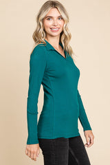 Teal Ribbed Collared Long Sleeve Top