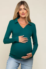 Teal Ribbed Collared Long Sleeve Maternity Top