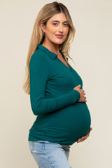 Teal Ribbed Collared Long Sleeve Maternity Top