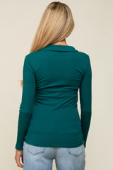 Teal Ribbed Collared Long Sleeve Maternity Top