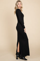 Black Solid Long Sleeve Scoop Neck Maxi Dress