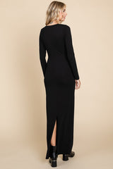 Black Solid Long Sleeve Scoop Neck Maxi Dress