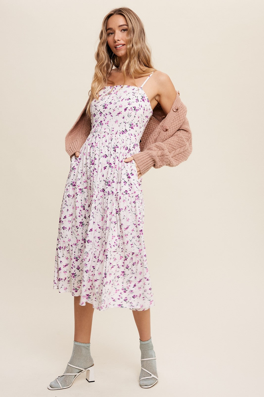 Lavender Floral Print Square Neck A-Line Skirt Midi Dress