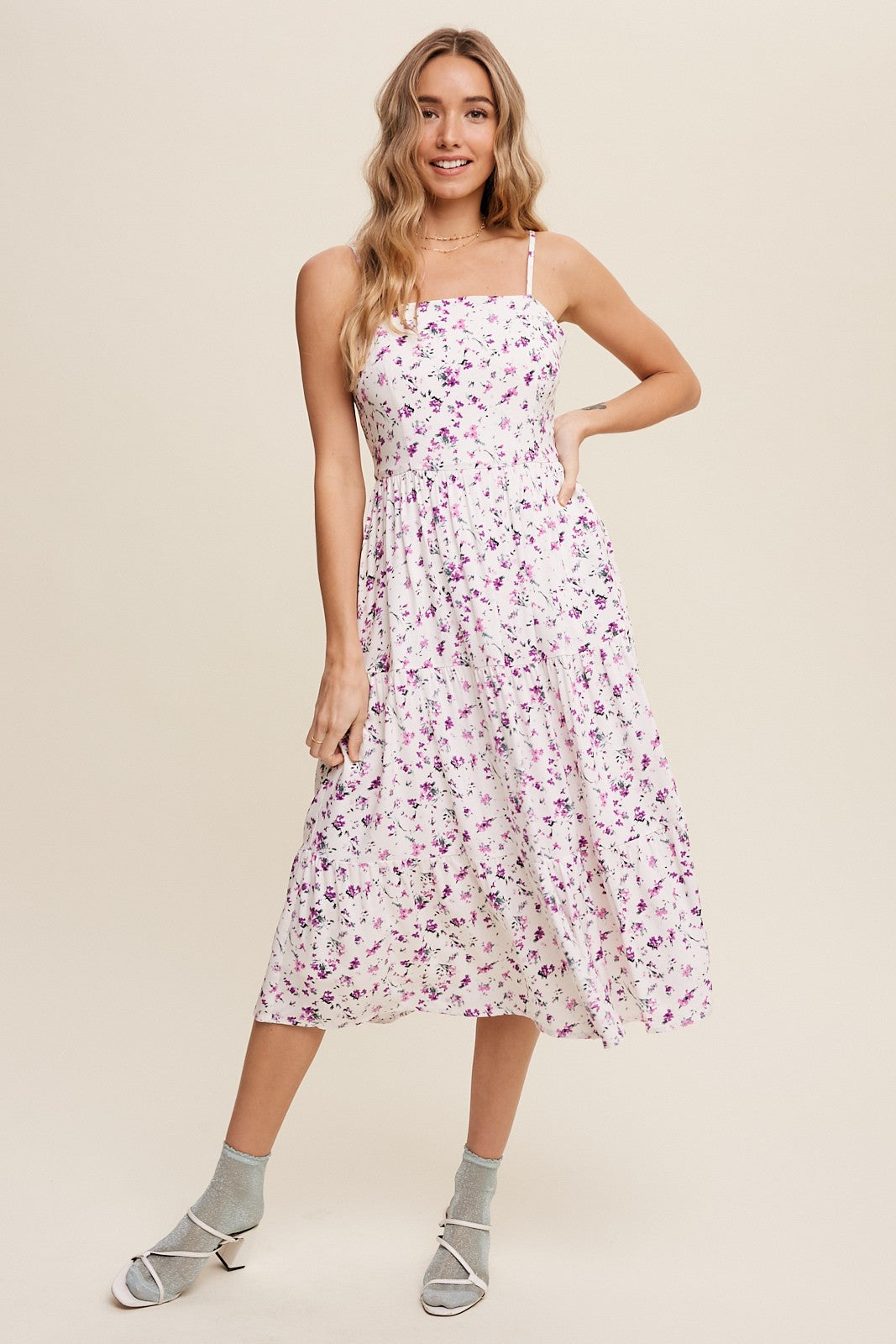 Lavender Floral Print Square Neck A-Line Skirt Midi Dress