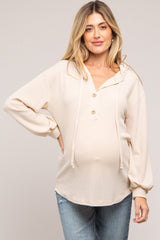 Beige Button Accent Hooded Maternity Henley Top