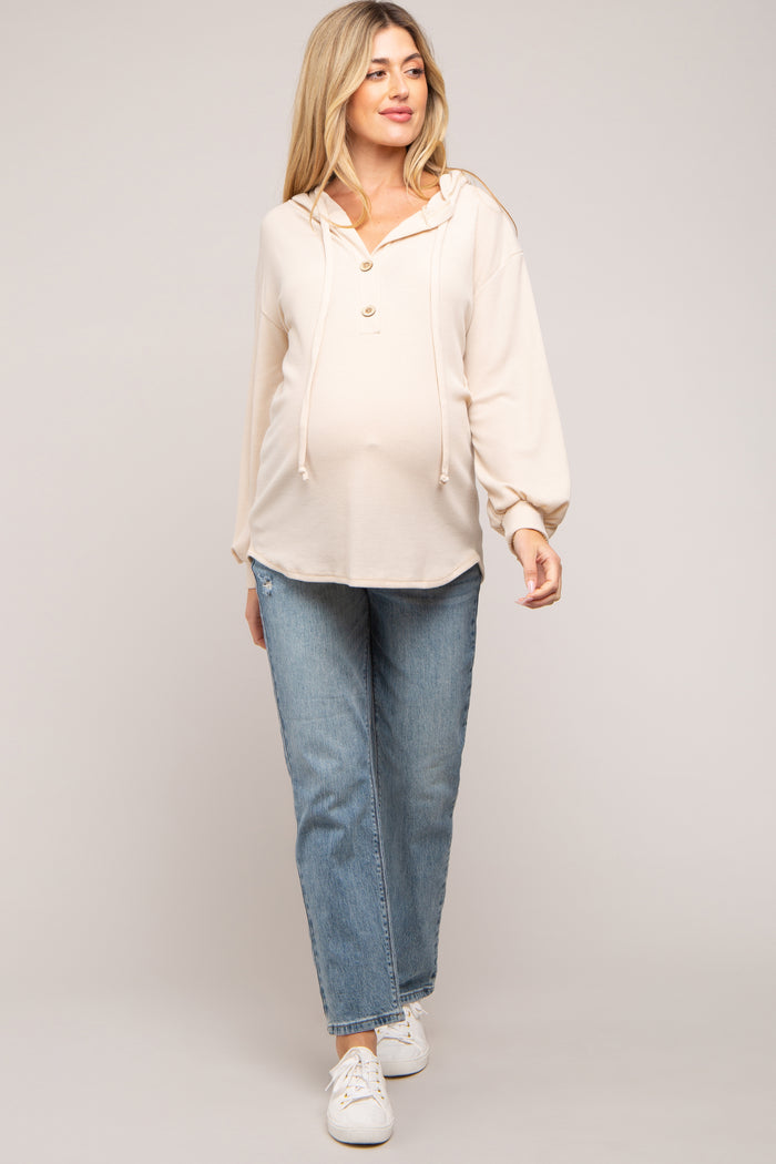 Beige Button Accent Hooded Maternity Henley Top