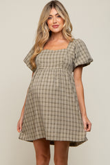 Light Olive Plaid Square Neck Short Puff Sleeve Maternity Dress