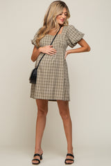 Light Olive Plaid Square Neck Short Puff Sleeve Maternity Dress