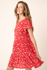Red Daisy Flower Print Ruffle Detail Mini Dress