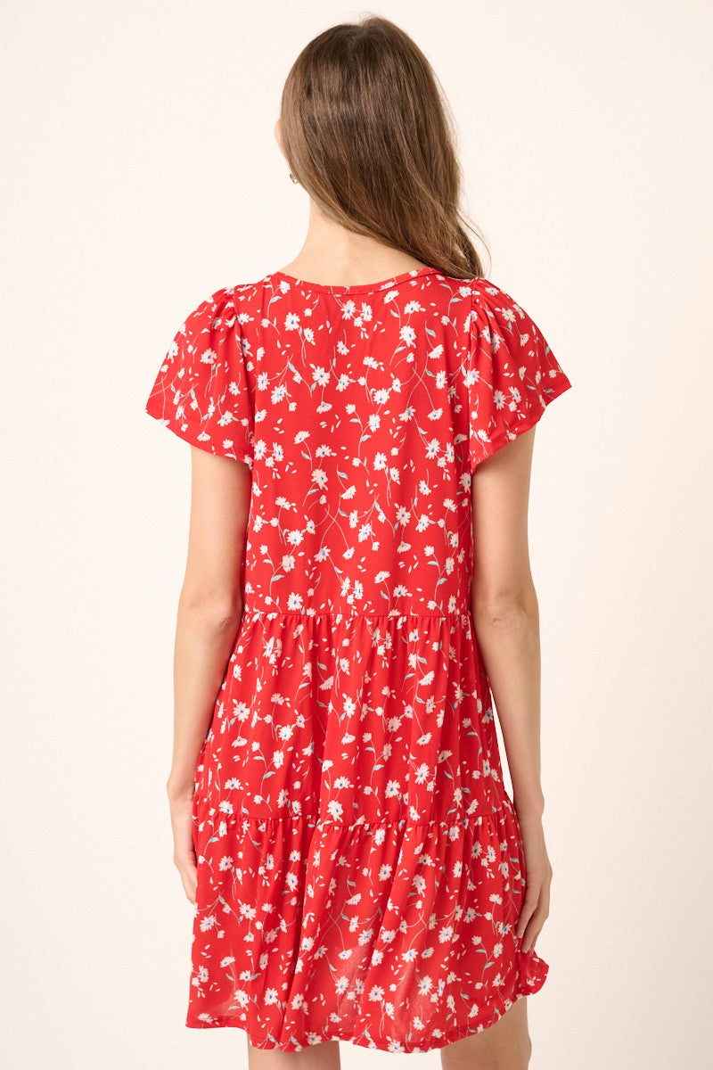 Red Daisy Flower Print Ruffle Detail Mini Dress