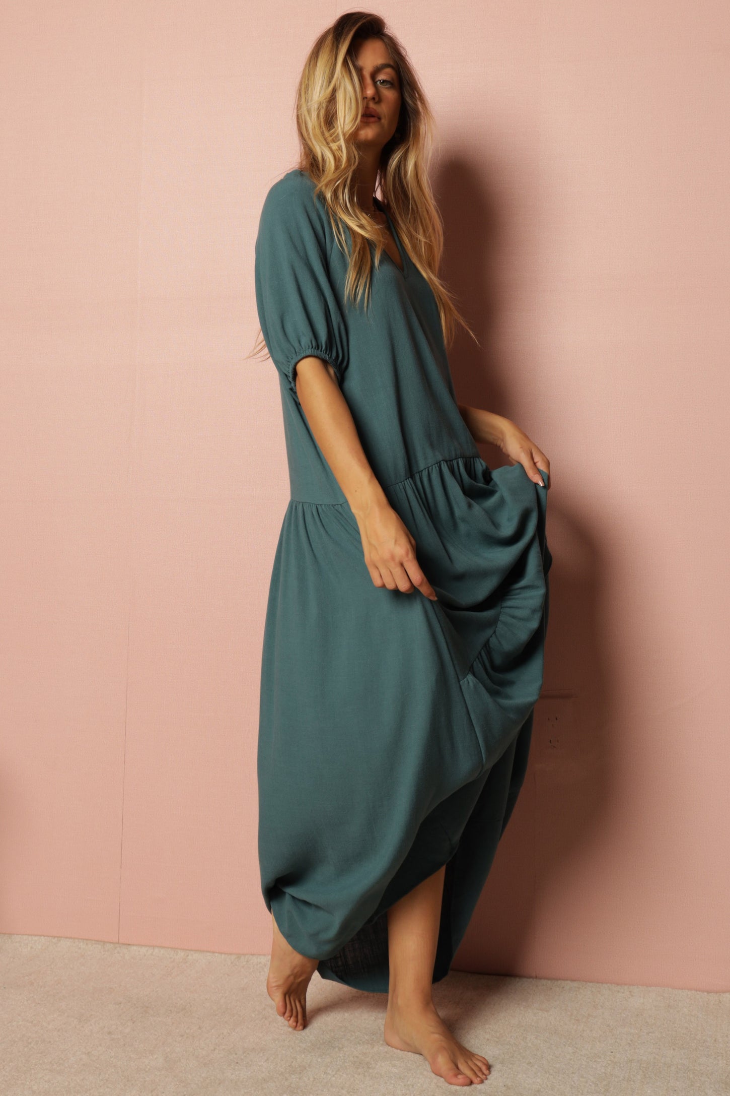 Turquoise Linen Tiered Dress
