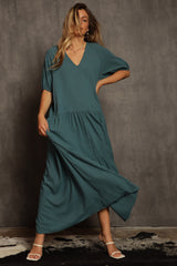 Turquoise Linen Tiered Dress