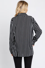 Black Striped Front Pocket Button Down Side Slit Top