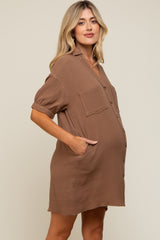 Mocha Maternity Mini Shirt Dress