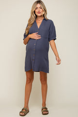 Navy Maternity Mini Shirt Dress