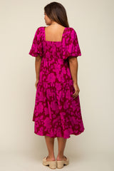 Magenta Floral Puff Sleeve Tiered Maternity Dress