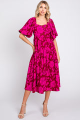 Magenta Floral Puff Sleeve Tiered Maternity Dress