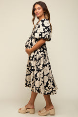 Black Floral Puff Sleeve Tiered Maternity Dress