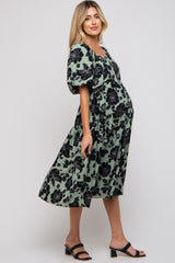 Mint Green Floral Puff Sleeve Tiered Maternity Dress