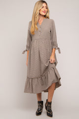 Taupe Gingham Front Button Sleeve Tie Maternity Midi Dress