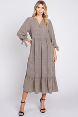 Taupe Gingham Front Button Sleeve Tie Midi Dress