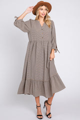 Taupe Gingham Front Button Sleeve Tie Midi Dress