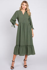 Olive Gingham Front Button Sleeve Tie Midi Dress