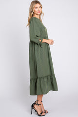 Olive Gingham Front Button Sleeve Tie Midi Dress