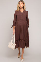 Brown Gingham Front Button Sleeve Tie Maternity Midi Dress