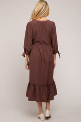 Brown Gingham Front Button Sleeve Tie Maternity Midi Dress