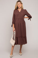 Brown Gingham Front Button Sleeve Tie Maternity Midi Dress