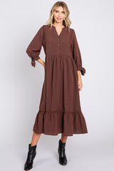 Brown Gingham Front Button Sleeve Tie Midi Dress