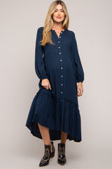 Navy Gingham Button Maternity Midi Dress