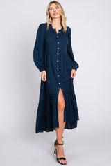 Navy Gingham Button Midi Dress