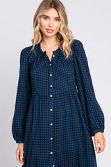 Navy Gingham Button Midi Dress