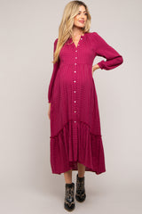 Magenta Gingham Button Maternity Midi Dress