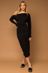 Black Off Shoulder Long Sleeve Maternity Midi Dress