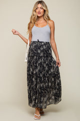 Charcoal Floral Chiffon Drawstring Tiered Maternity Midi Skirt