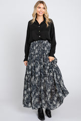 Charcoal Floral Chiffon Drawstring Tiered Maternity Midi Skirt