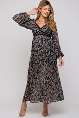 Black Floral Chiffon V-Neck Velvet Trim Maternity Maxi Dress