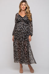 Black Floral Chiffon V-Neck Velvet Trim Maternity Maxi Dress