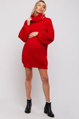 Red Turtleneck Puff Sleeve Maternity Sweater Dress