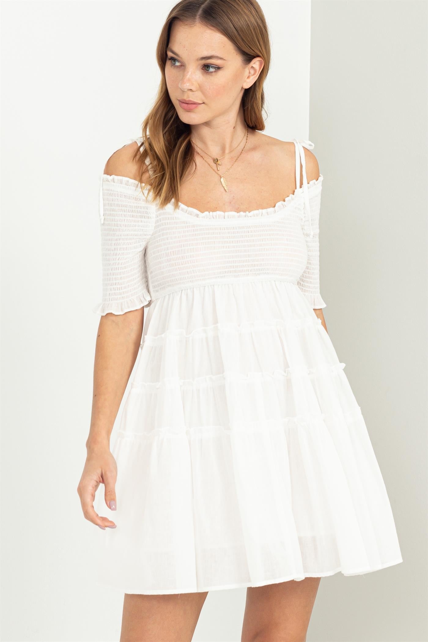 Off White Tie-Strap Smocked Mini Dress