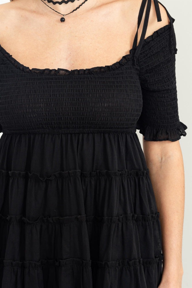 Black Tie-Strap Smocked Mini Dress